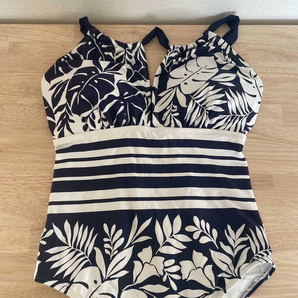 La Blanca Navy and White Leaf Print Swimsuit